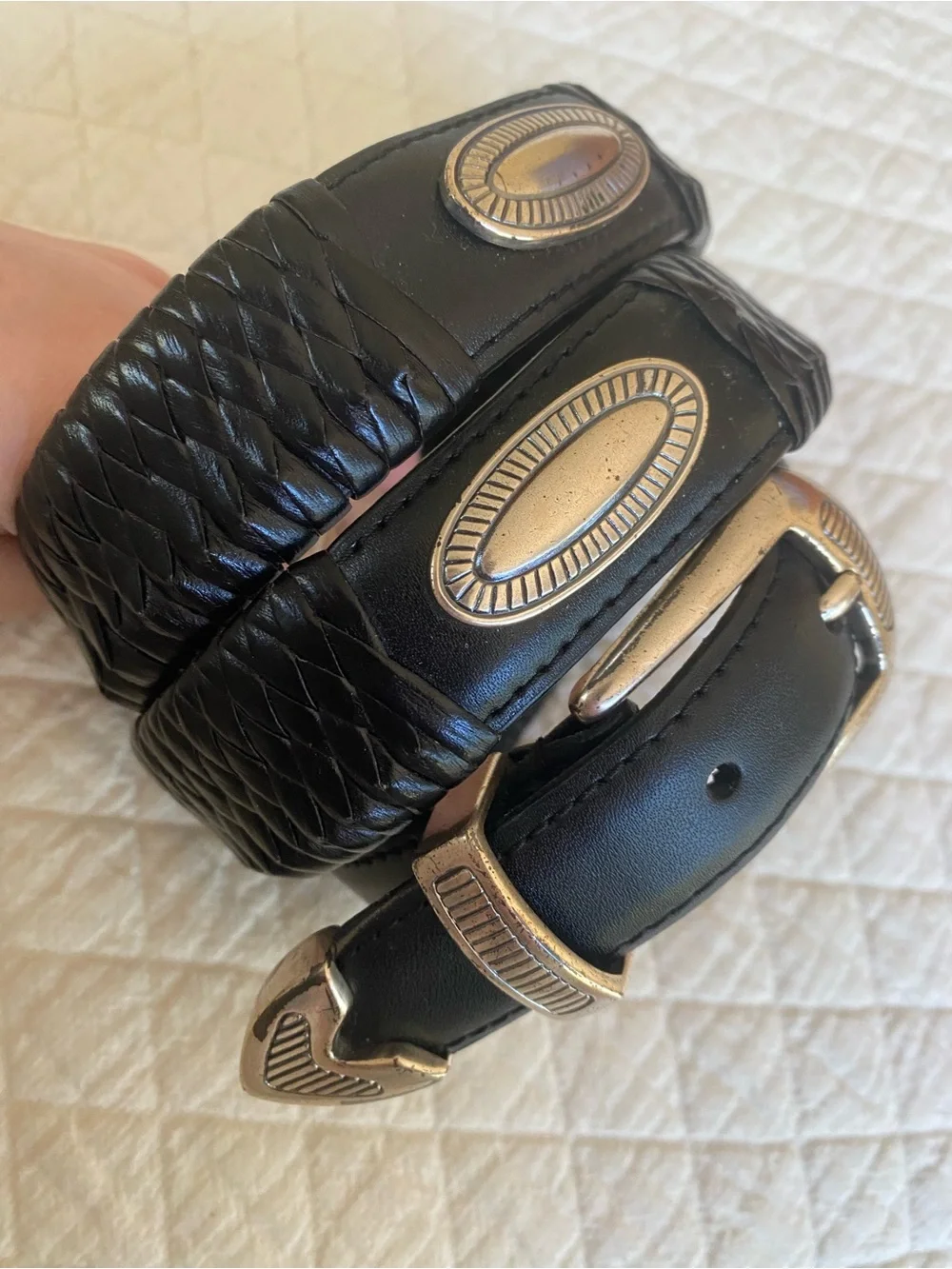Western Boho Festival Black Braided Leather Belt with Silver Conchos Cowboy
